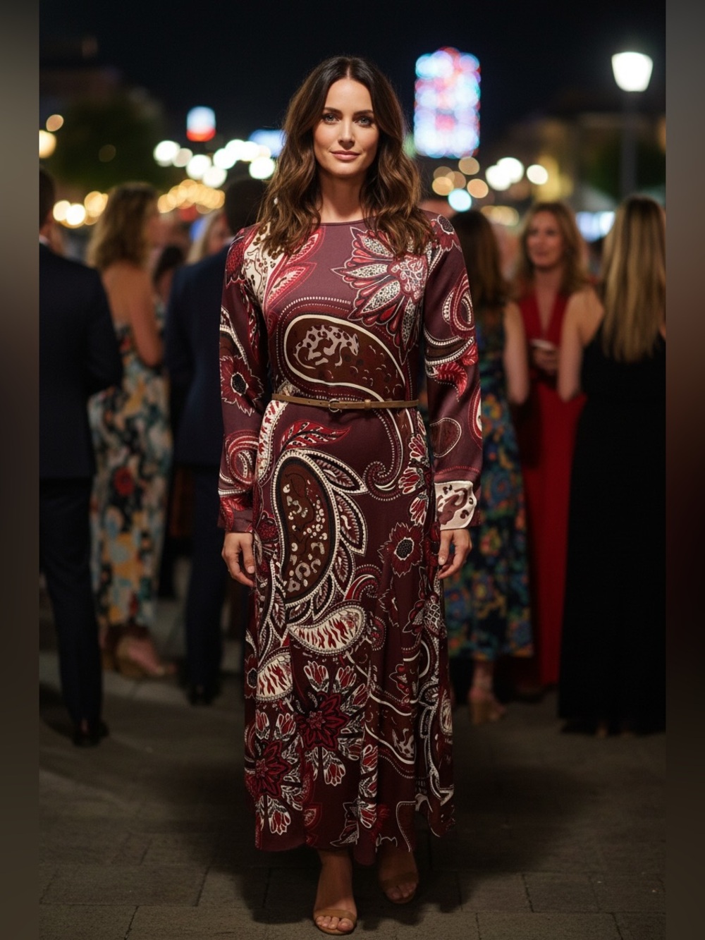 Alex Marie Dress Sz 8 Kate Long Sleeve Paisley Floral Belted Midi Dress Burgundy